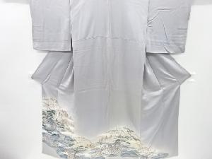 アンティーク　遠山に松竹梅・群鶴風景模様刺繍一つ紋着物